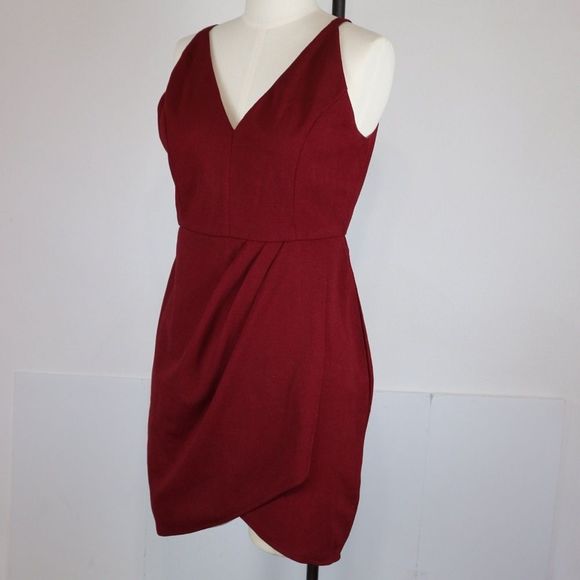 Manydress Crimson Red Asymmetrical V-Neck Full Form-Fitting Bodycon Dress L - Picture 3 of 9